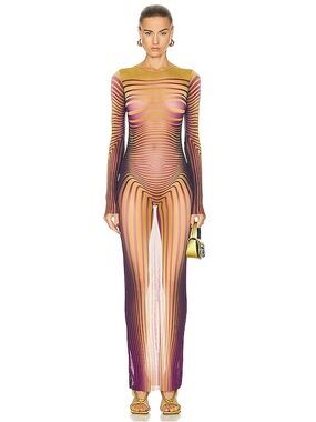 Jean Paul Gaultier Sheer Striped Maxi Dress in Yellow and Purple Ombre